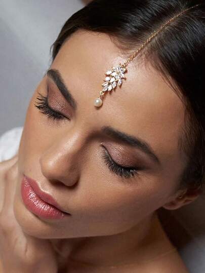 1pc Golden Leaf & Faux Pearl & Cubic Zirconia Decor Headband With Chain, Suitable For Weddings, Parties And Valentine's Day Costume Accessories, Bride To Be, Hair Accessories For Women