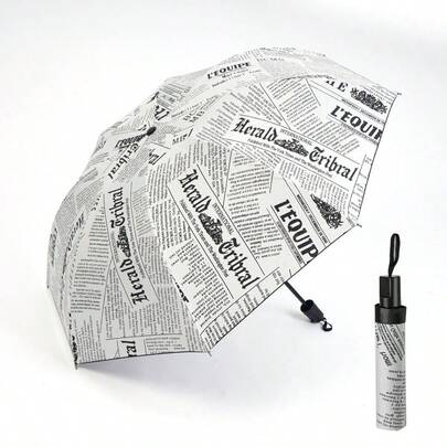 1pc Newspaper Print Umbrella - Compact Folding Umbrella With 8 Reinforced Ribs, Foldable Newspaper Canopy, Portable For Handbag/Briefcase - Realistic Newspaper Page Design