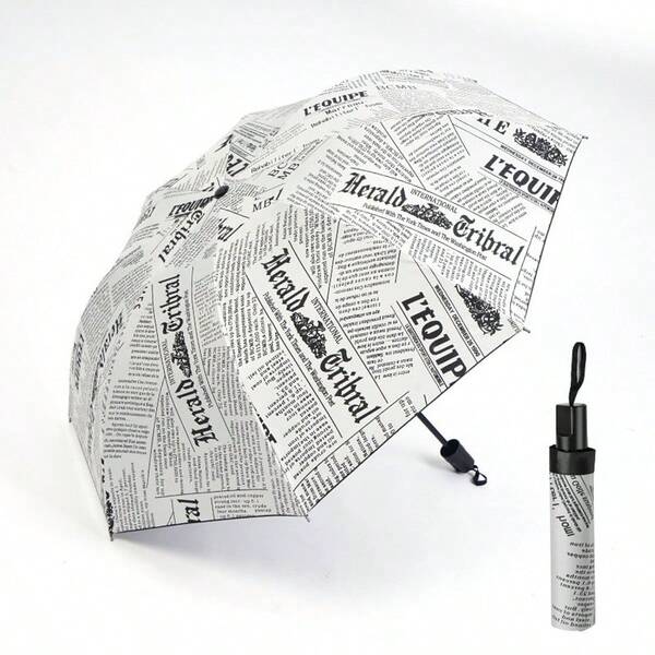 1pc Newspaper Print Umbrella - Compact Folding Umbrella With 8 Reinforced Ribs, Foldable Newspaper Canopy, Portable For Handbag/Briefcase - Realistic Newspaper Page Design