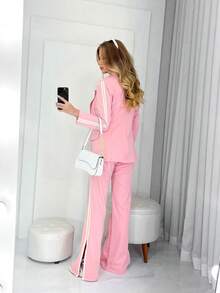 Lorenna Maiia Women's Blazer Suit Set With Wide-Leg Pants And Side Stripe - 淺粉色 - 查看 5