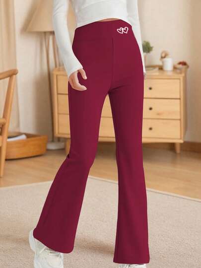 Girls' Heart Print Flared Pants, Children's Black Skinny Leggings, Elegant High Stretch Yoga Pants