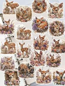 19 pièces/set Autocollants thème forêt mignonne avec cerfs à l'aquarelle, oiseaux d'automne vintage. Comprend des motifs floraux. Convient pour les journaux, la décoration de cahiers, d'albums et de téléphones. - Grille - Voir 2