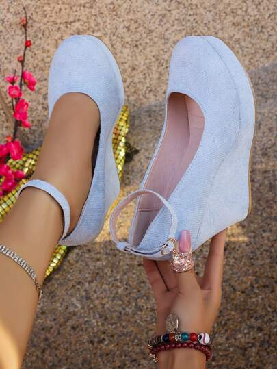 New Simple Strap Round Toe Casual Comfortable Thick Sole Increased Height Elegant Solid Color Women Shoes