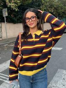 女士休闲撞色条纹针织Polo领长袖毛衣上衣 - 彩色 - 查看 3