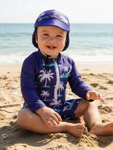 Trajes de baño para bebés y niños pequeños, mono de manga larga con estampado de cocoteros y gorro, 2 piezas - Azul profundo - Ver 7