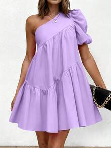 Women's Summer Puffy Sleeve Loose Layered A-Line Fringe Short Dress Casual One Shoulder Dresses