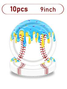 10pcs/Set Ice Cream Baseball Theme Party Tableware Set, Includes Paper Plates, Napkins, Cups - 7 Inch Round Baseball Dessert Plates, Suitable For Cake, Salad, Fruit, Pizza, Disposable Themed Decor, Suitable For Sports Fans, Sports Events, Birthday Parties, Can Also Be Used As Disposable Tablecloth. - Multicolor - View 11