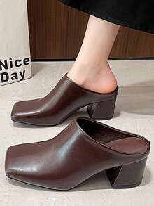 2026 Retro Square Toe Chunky Heel Mule Slippers, Elegant Brown Tone Women Shoes, Versatile For Commute And Daily Wear - Brown - View 1