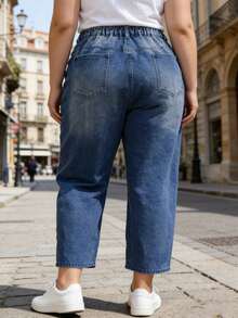 大码夏季蓝色高腰日常优雅休闲七分牛仔裤 - 中等水洗藍 - 查看 3