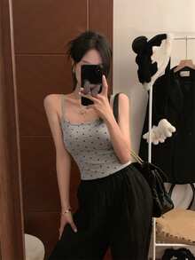 波点吊带背心，带衬垫胸部，露背性感短款上衣，夏季修身款 - 灰色 - 查看 2