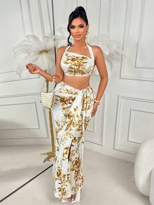 AIJ Amarilo 女士新款春夏性感沙滩度假两件套——流行印花套装，前系带上衣和开衩裙设计，非常适合海滩、度假、夏季假期、约会和日常外出。 - 白底黃花 - 查看 4