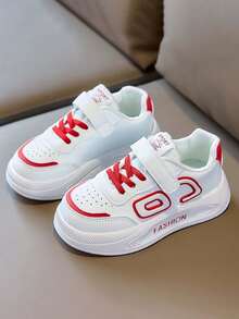 1 Pair Children Leather Upper Sneakers, Spring New Fashion Versatile Little White Shoes, Soft Sole Non-Slip Casual Shoes For Boys And Girls - Red - View 2