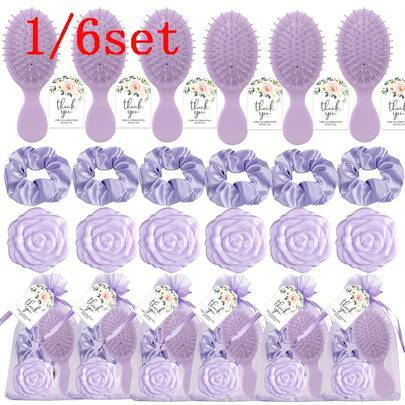1/6 套淡紫色主题婚礼伴娘发饰套装 - 薰衣草色蝴蝶结、折叠镜和梳子、感谢卡和丝带袋 - 伴娘花束梳子、伴娘派对小礼物