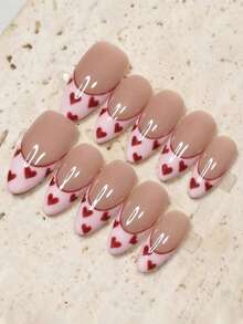 10片红色爱心粉色法式杏仁形可爱少女Y2K极简手工美甲贴片，适合日常佩戴，情人节礼物，按压式美甲贴纸，美甲用品，手工按压式美甲贴片 - 彩色 - 查看 3
