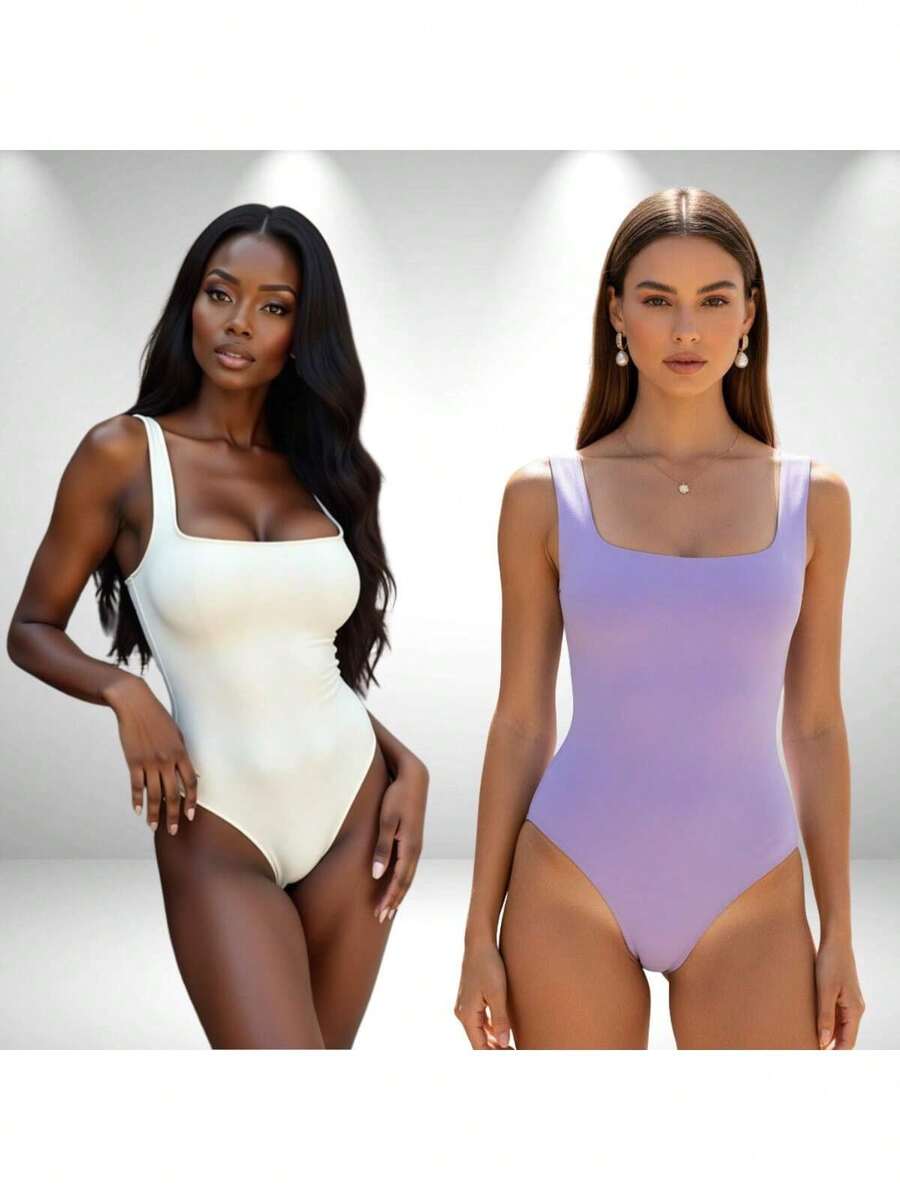 SET OF 2 Women's Square Neck Tank Top Bodysuits With Thin Straps In Spandex - WHITE aND LILAC - View 1