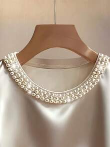 Women's Elegant Pearl-Adorned Round Neck Long-Sleeve Blouse - Solid Color Basic Top, Machine Washable & Versatile For, Wedding, Party Attire - Year-Round Wardrobe Staple (Pearl Accent Special Line) - Champagne - View 2