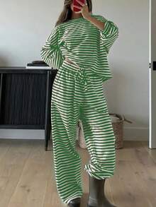 Striped Long-Sleeved Top, High-Waisted Long Pants, Women's Fashionable Casual Set, Home Wear - màu xanh lá - Xem 4