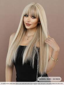 7JHH WIGS 24 Inch Long Straight Linen Blonde Wig For Women Mixed Brown Highlight, Gorgeous Fluffy Synthetic Wig With Bangs Natural Appearance Very Soft Synthetic Heat Resistant Fiber Hair, Beautiful Full Machine Hair Wig Suitable For Fashion Girls Daily,Anime Or Costume Cosplay Decoration,Music Festival Dance Party Street Wear Use, Mother's Day Gifts - 米色 - 查看 4