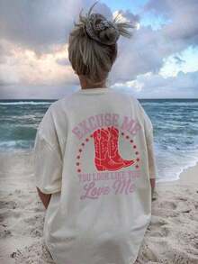EXCUSE ME Ladies' Summer Street Red Boot Pattern Personalized Print Pattern Round Neck T-Shirt Western Style Clothing Women's Top. Graphic Tees Women Pink Top-White And Navy Off-The-Shoulder Cropped Top- Unisexideal Para Amigos - 白色 - 查看 6
