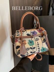 BELLEBORG 女款高級休閒撞色通勤復古帆布扣環百搭小方包手提包 - 咖啡 - 查看 3