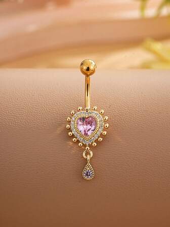1 pieza Anillo de ombligo con forma de corazón de acero inoxidable con incrustación de circonita rosa, joyería de perforación sexy Y2K para uso diario