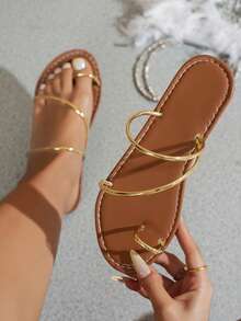 Women's Wide Width Sandals, White/Black/Brown Summer Beach Slides, Ladies Casual Flip Flops - Gold - View 3