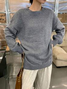 Women's Casual Solid Color Round Neck Lantern Sleeve Knit Sweater, Autumn/Winter