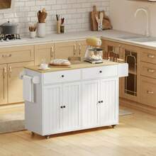 Rolling Kitchen Island, 2 Drawers, 2 Cabinets, Movable, Spice Rack, Towel Rail, Knife Rack, MDF, White - White - View 3