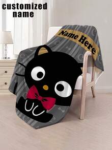 Sanrio 1pc Chocolate Cat Themed Flannel Blanket, Customizable Name, Gray Vertical Striped Base With Crescent Moon And Fish Bone Decorative Patterns, High Color Contrast - Suitable For All Seasons, Soft, Lightweight, Warm, Suitable For Sofa, Bed, Outdoor - Perfect Birthday And Holiday Gift For Family And Friends - Multicolor - View 3