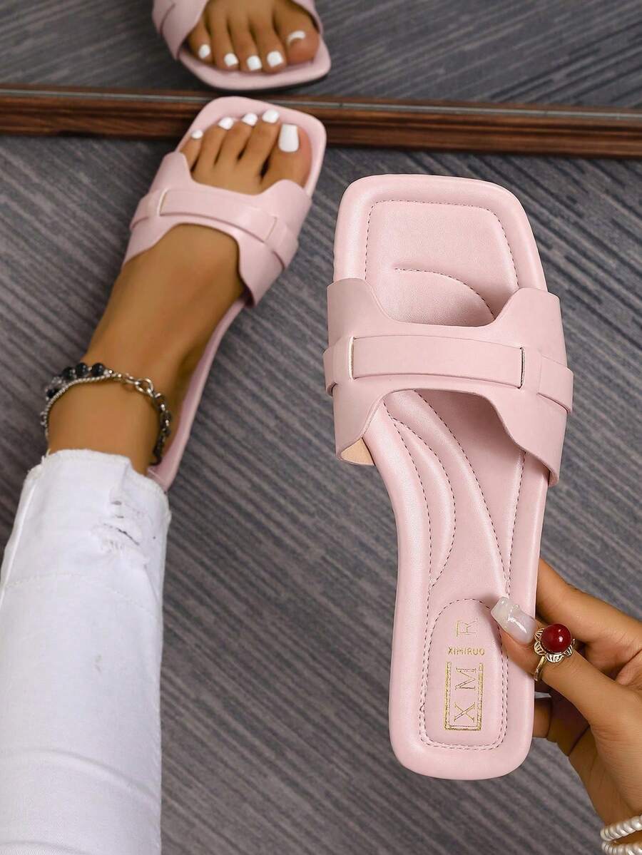 Ximi Ruo Dép lê quai ngang thời trang xuân/hè mới, dép đi biển đế bằng mũi tròn thoải mái, dép xỏ ngón đa năng dành cho nữ. - Màu Hồng baby - Xem 1