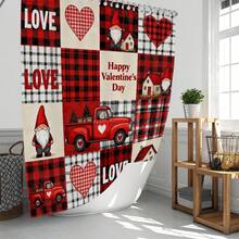 Conjunto multifuncional para banheiro com cortina de chuveiro, estampa xadrez e corações com a palavra "LOVE" (1 peça, 3 peças ou 4 peças), 12 ganchos inclusos, tapete de banheiro, tapete em formato de U e tapete redondo para vaso sanitário, perfeito para qualquer ocasião. Ideal para o Dia dos Namorados.