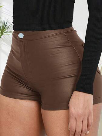 女士纯色休闲涂层短裤，性感街头风格，秋冬