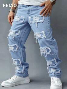 Casual Minimalist Distressed Washed Long Denim Jeans, Emo Style - Blue - View 1