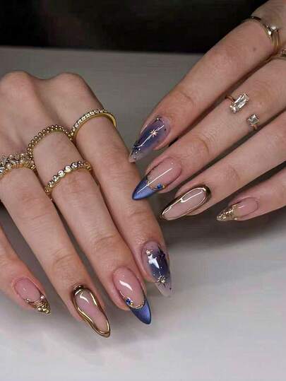 10pcs Handmade Press-On Nail Stickers, Short Nails, Fake Nails, Almond Shape, French Manicure, Blue, Gold, Cat Eye, Cute Nail Designs, Minimalist Elegant Style, Exotic Flair, Handpainted Asymmetrical Golden French Tips, Nail Gems Decor, Suitable For Women And Girls Almond Nail Stickers Nail Supplies Handmade Press On Nails