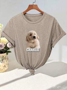 Camiseta personalizada para mujer, de manga corta para mujer. Ingrese su texto, lema, letras divertidas, bendiciones, cargue sus propias fotos (fotos de pareja, fotos de mascotas, fotos de grupo) para diseñar su prenda de vestir de manga corta personalizada impresa, casual, para exteriores, deportes y actividades al aire libre, ropa deportiva para mujer, impresión flockada, adecuada para salir, ir de compras, festivales, fiestas, reuniones, viajes - Caqui - Ver 3