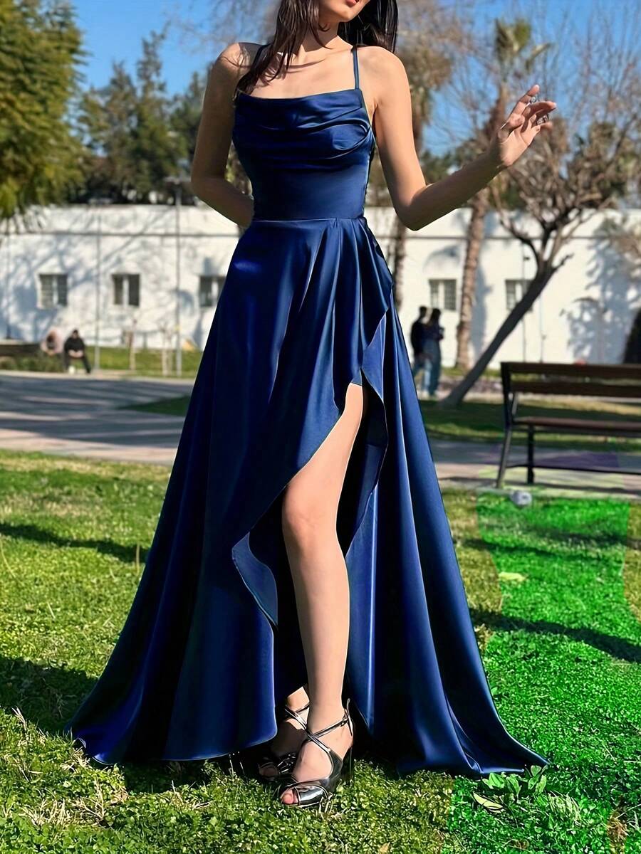女士优雅纯色缎面吊带不对称荷叶边露背系腰连衣裙，适合宴会、派对、婚礼、伴娘等场合。 - 藏蓝色 - 查看 1