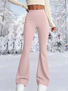 Quần ống loe cạp cao dành cho nữ, quần legging dày dặn ấm áp cho tập thể dục mùa đông, quần yoga mềm mại màu hồng. - Hồng - Xem 4