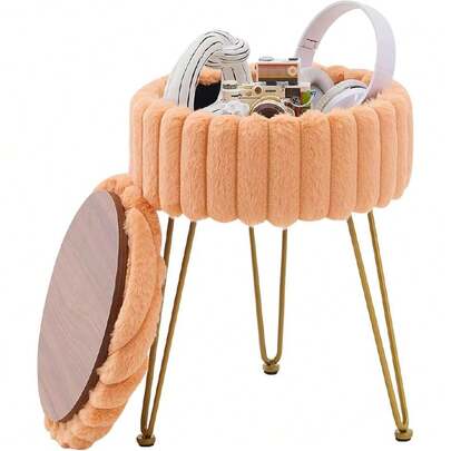 Vanity Stool With Storage, Faux Fur Ottoman Chair With Metal Legs, Round Makeup Vanity Chair For Bedroom Or Dressing Table, Modern Small Ottoman Seat (Orange),36800258