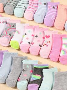 10 Pairs Baby Candy Color Random Star, Stripe, Heart, Rainbow, Bubble Pattern Soft Comfortable Elastic Mid-Calf Socks, Spring/Autumn - Multicolor - View 2