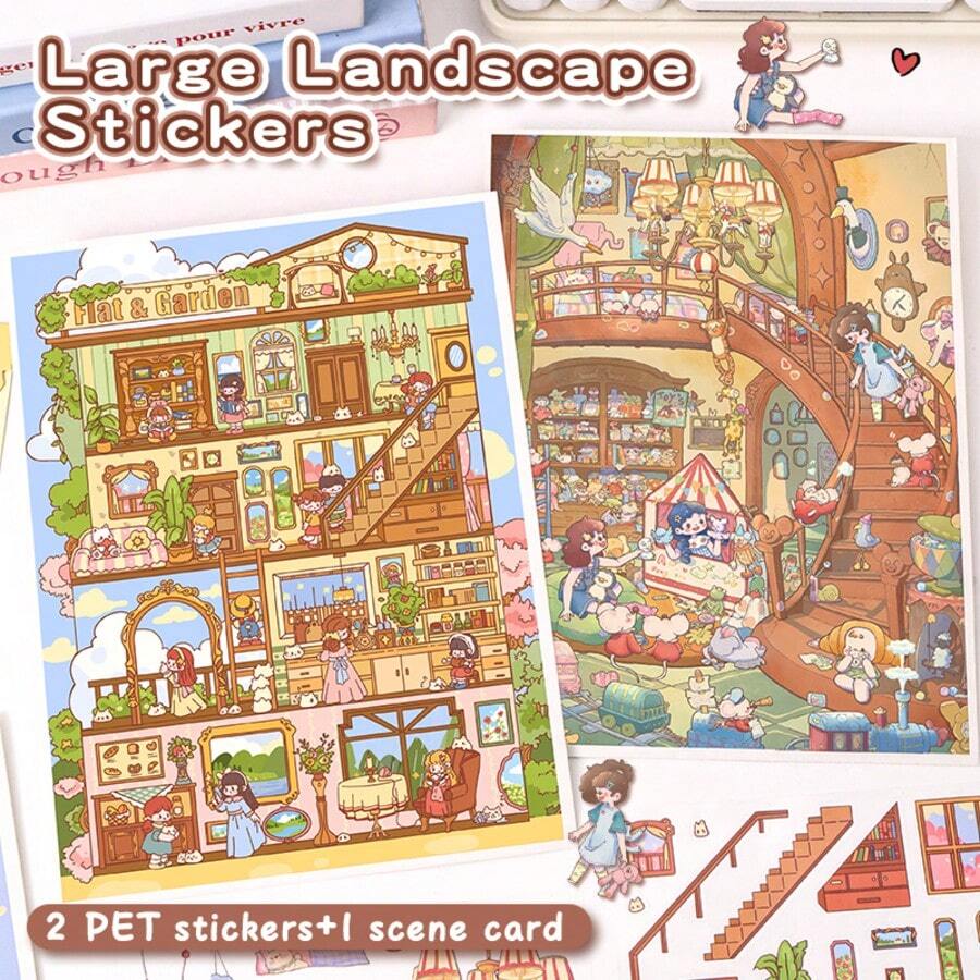 2 Sheets 27.5*21cm Large Size Miniature Scene Stickers, 2 Pattern Options, Includes 2 Sheets Pet Stickers + 1 Sheet Scene Cardboard + 1 Sheet Reference, Suitable For Christmas, New Year, Holiday Party, Gifts, Envelopes, Cards DIY Decoration, PVC Sticker Scrapbook Supplies Scrapbooking