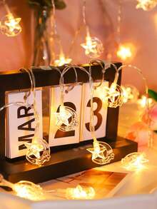 1串星月LED灯串，10/20/40颗LED灯珠，电池供电，适用于室内卧室墙面装饰、庆典装饰星光灯、经典风格、婚礼派对装饰月亮灯、户外星月仙女灯