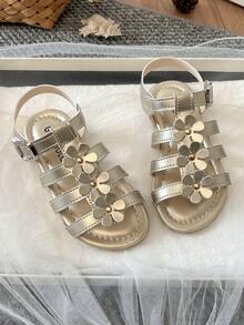 2026 New Design Girls' Summer Flip Flops - 3D Flower Studs, Glossy Anti-Slip, Open Toe With Multiple Straps, Flat Heel, Shiny And Sweet Style, Garden Party Shoes, Summer Outfit Shoes - Gold - View 2