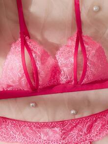 2 piezas Conjunto de lencería de encaje floral. Sujetador triangular de copa abierta y tanga de entrepierna abierta. Conjunto de lencería y ropa de dormir sexy para mujer, ropa interior sexy para mujer, pijama sexy para mujer, ropa sexy para mujer, conjunto de lencería sexy, conjunto de lencería para mujer, conjunto para mujer - Rosa Fucsia - Ver 4