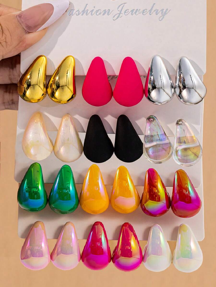 Set de 6-24 piezas de aretes con forma de gota de agua hechos de material CCB de color dopamina, livianos, adecuados para uso diario, oficina y atuendos de fiesta de mujeres - Multicolor - Ver 1