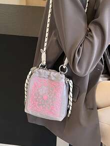 可爱刺绣帆布水桶单肩斜挎包，防水尼龙时尚手提包，腰果花刺绣，可拆卸肩带 - 彩色 - 查看 8