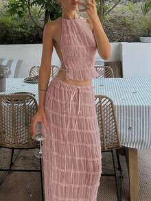 2026 Frühling/Sommer Damen Chiffon zweiteilliges Set mit gerüschter Spitze und rückenfreiem Top, bestehend aus langem Rock und kurzer Bluse, geeignet für Valentinstag, Strandurlaub, Brunch-Dates, elegante Partys sowie Halloween, Partys, Gothic-Stil, Hochzeiten. Dieses elegante Damen-Set mit rückenfreiem Design ist ideal für Weihnachtspartys, Dates und eine modische Wahl für Frühling/Sommer. Rosa. - Pink - Übersicht 8