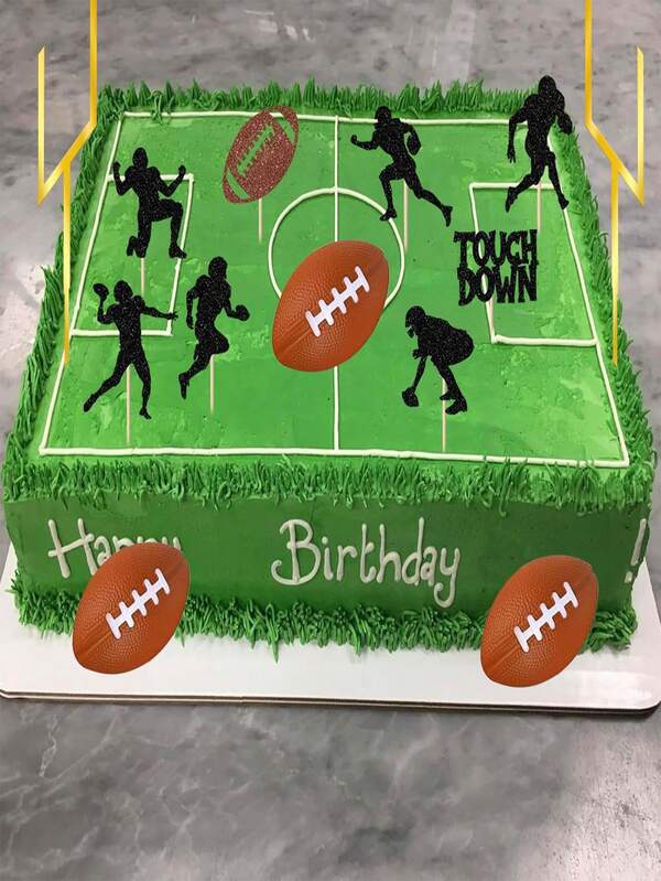 17 pièces Décoration de gâteau d'anniversaire thème rugby, ensemble d'ornements de gâteau de fête d'anniversaire rugby, décorations de gâteau de football avec poteaux de but de terrain de football, décorations de gâteau à piquer pour fête d'anniversaire thème sport football, fournitures de décoration de gâteau DIY