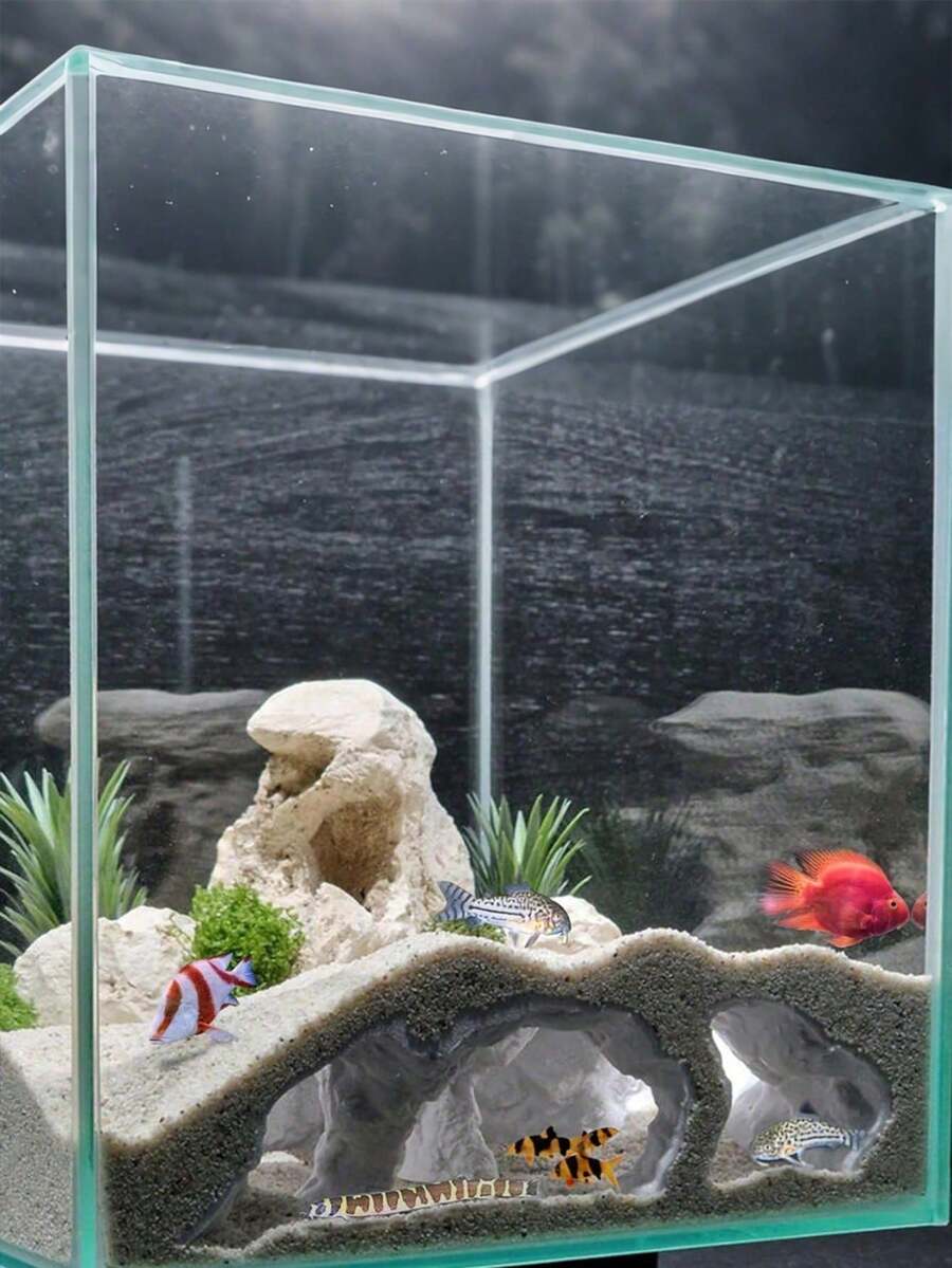 3D打印鱼缸洞穴隧道 - 适合鳅鱼、清道夫、虾类的隐蔽装饰 | 下沉式底座 + 观察孔 | 兼容底砂 | 为达到最佳效果，建议用沙子或重物压住（请注意：由于3D打印工艺，可能会出现轻微不平整，感谢您的理解） - A - 查看 1