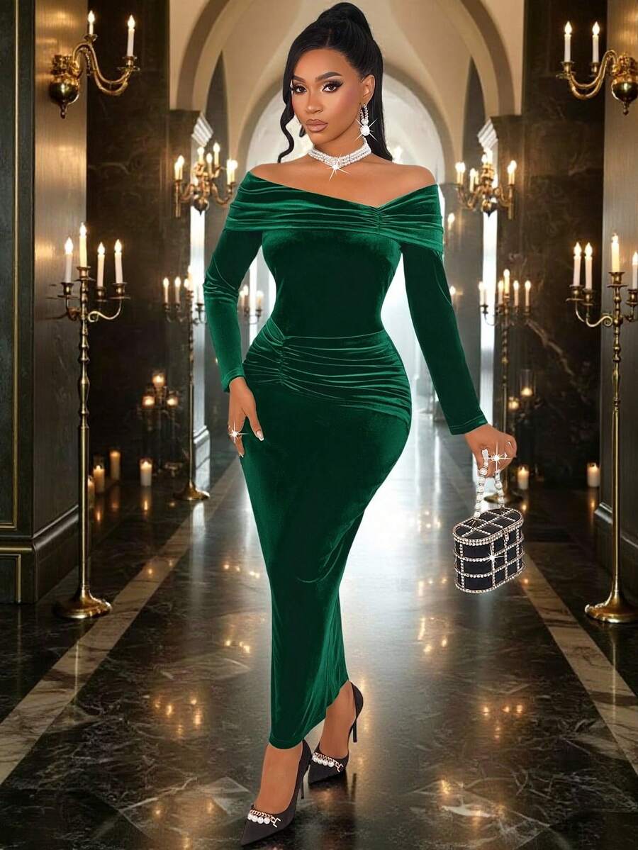 AIJ Stylish Velvet Long Bodycon Dress For Women, Featuring Off-Shoulder Neckline, Long Sleeves, And Ruched & Split Details For Parties - Dark Green - View 1