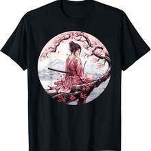 Samurai Girl Vintage Retro Sakura Cherry Blossom T-Shirt(349) - Negro - Ver 1